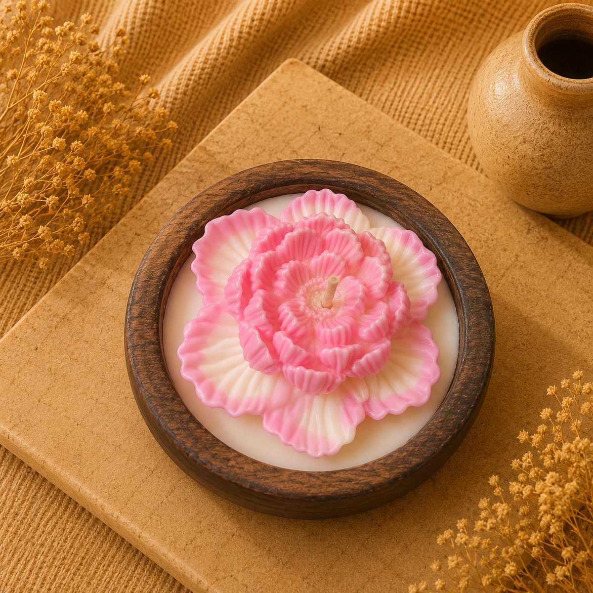 Wooden Bowl Lotus Bloom Candle