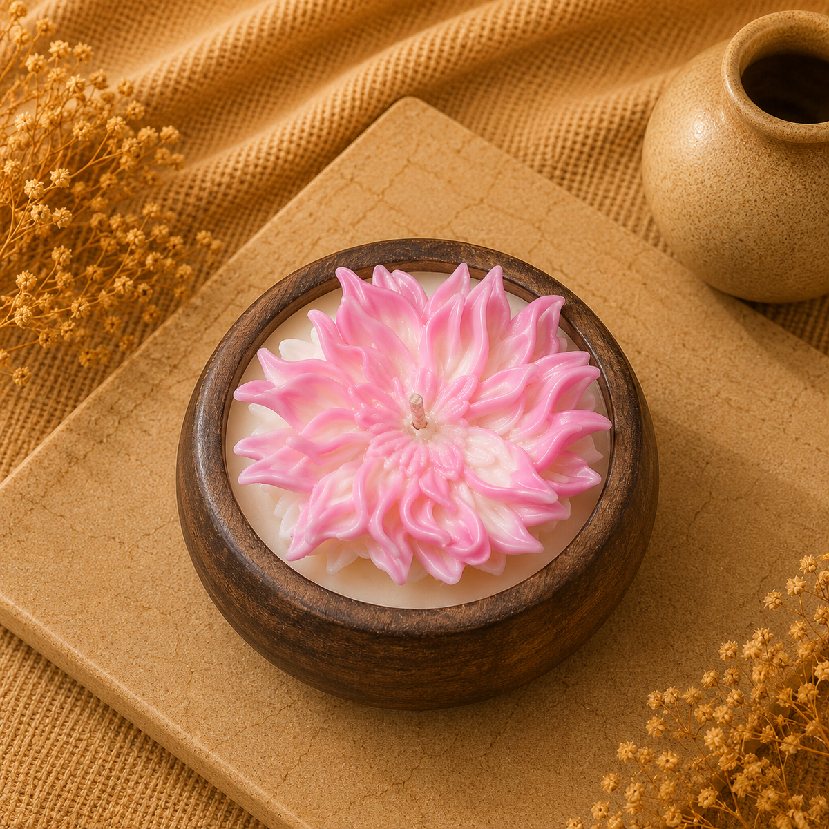 Wooden Bowl Ruffled Dahlia Candle