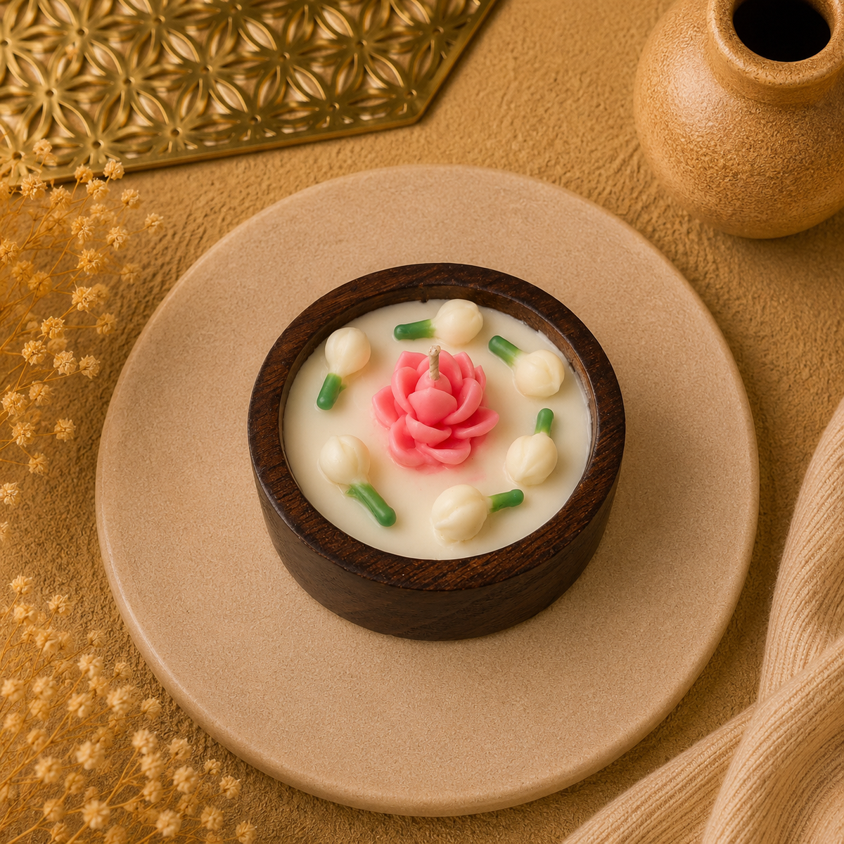 Wooden Bowl Mogra Candle